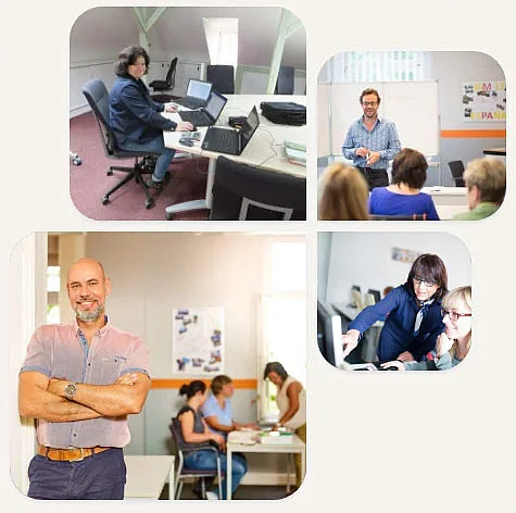 Collage von Situationen verschiedener Kurse und Weiterbildungen im Bereich Wirtschaft & Verwaltung